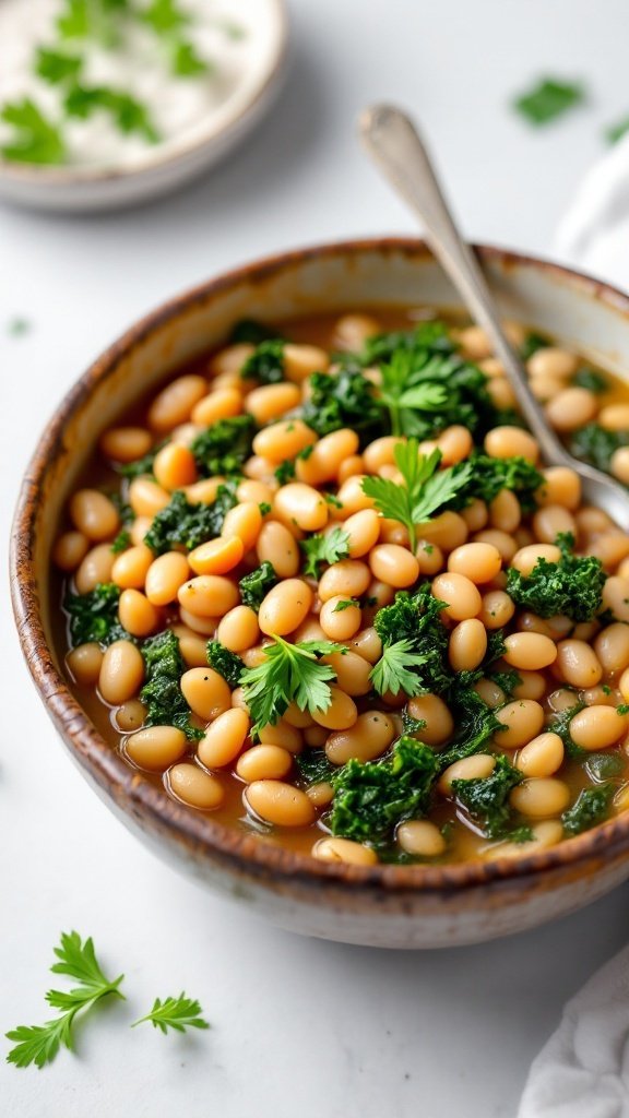 A bowl of Tuscan White Bean and Kale Stew with fresh herbs