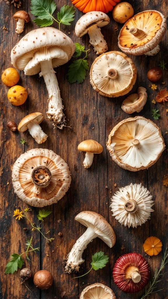 An array of fresh mushrooms on a rustic wooden surface.