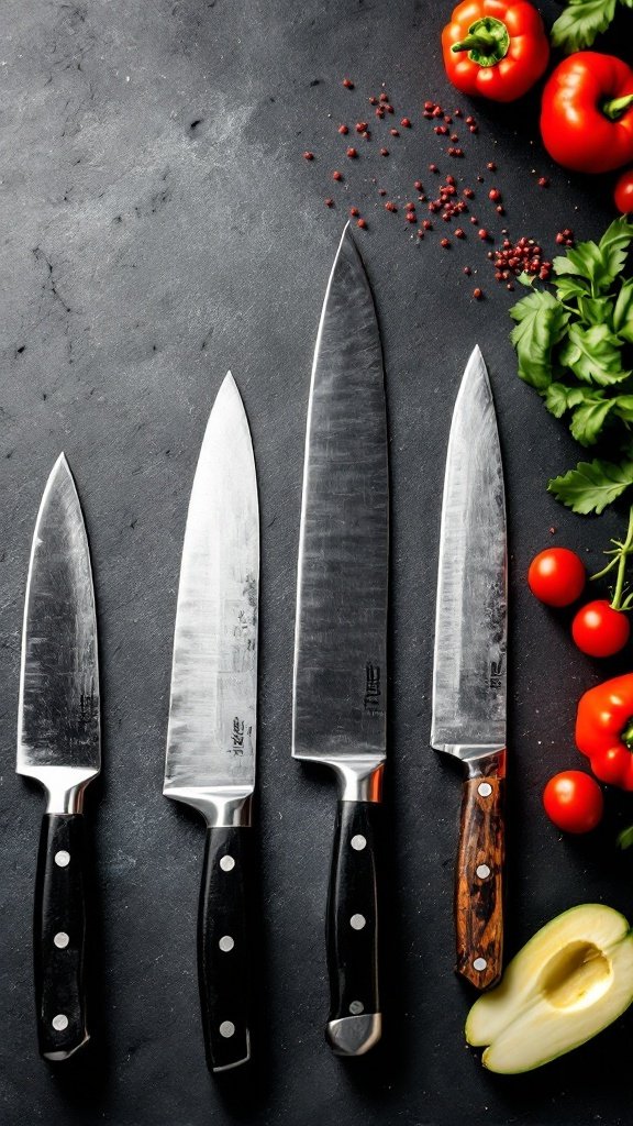 A variety of sharp kitchen knives alongside fresh vegetables on a cutting board.