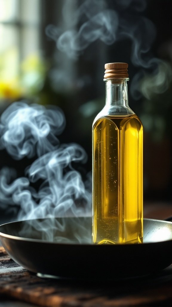 A bottle of cooking oil with smoke rising from a pan.