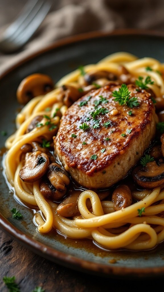 A delicious plate of Veal Marsala with mushrooms served over pasta.