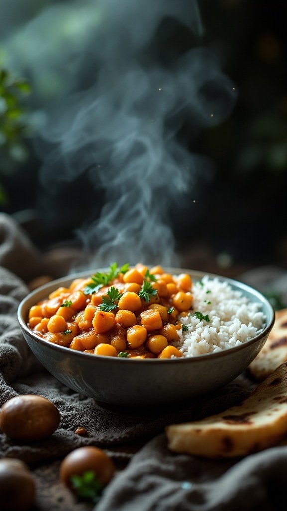 Bowl of chickpea curry served with rice and garnished with cilantro.