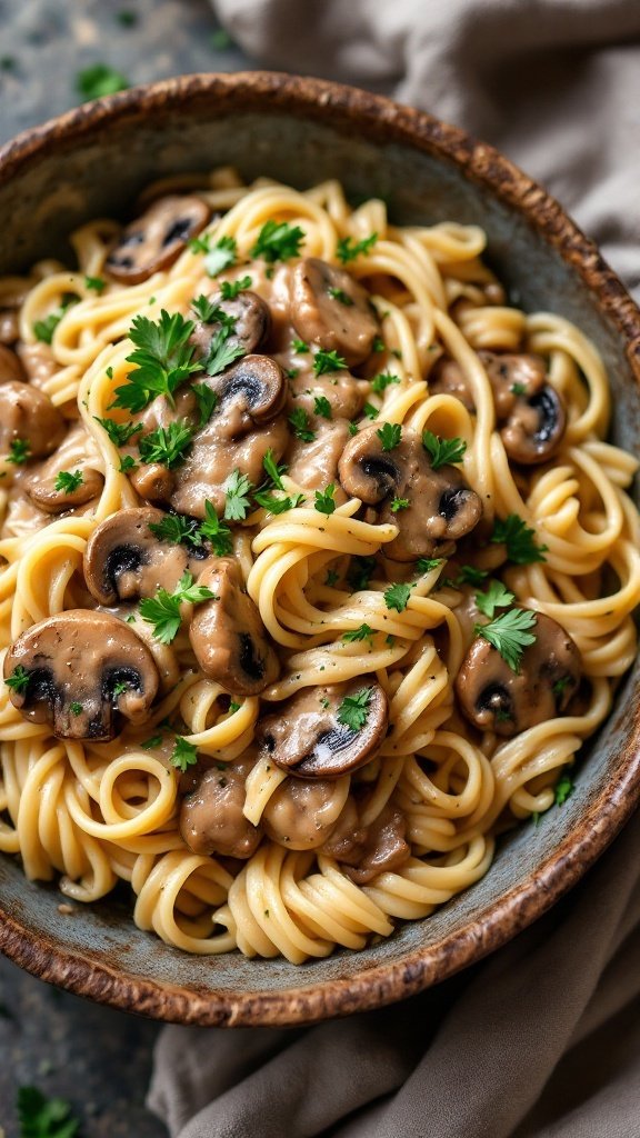 A bowl of vegan mushroom stroganoff with pasta garnished with parsley.