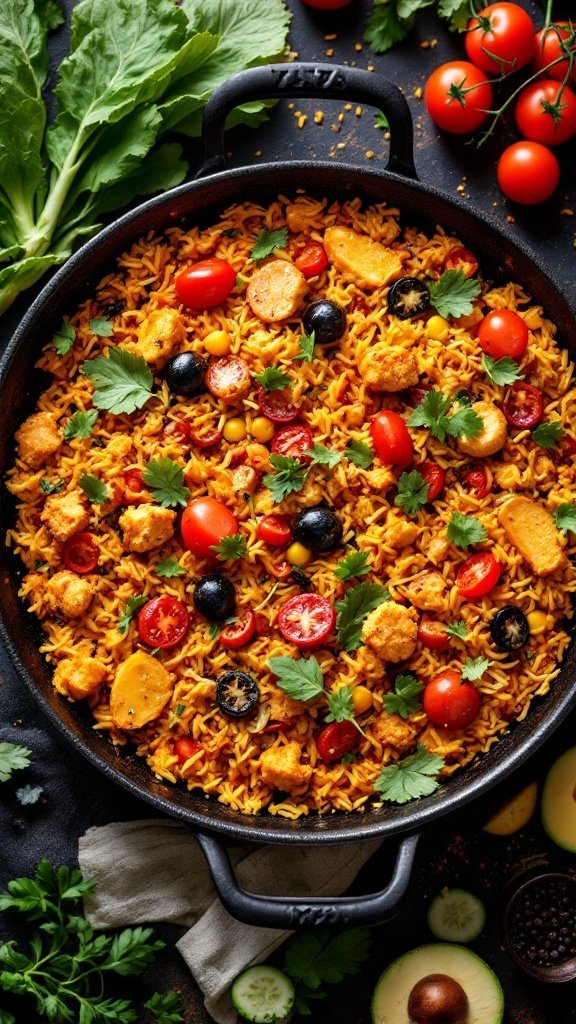 A colorful vegan paella featuring jackfruit, cherry tomatoes, olives, and garnished with fresh herbs.