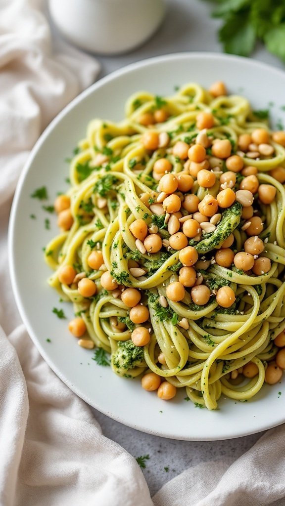 Vegan Pesto Pasta with Chickpeas served on a plate.