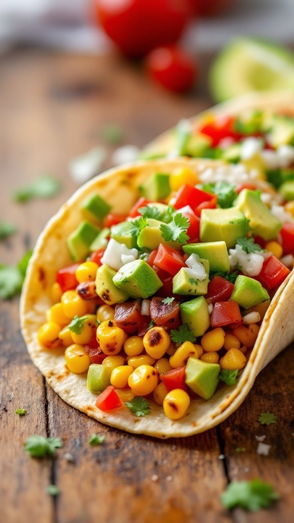 Delicious vegan street corn tacos filled with corn, avocado, tomatoes, and cilantro