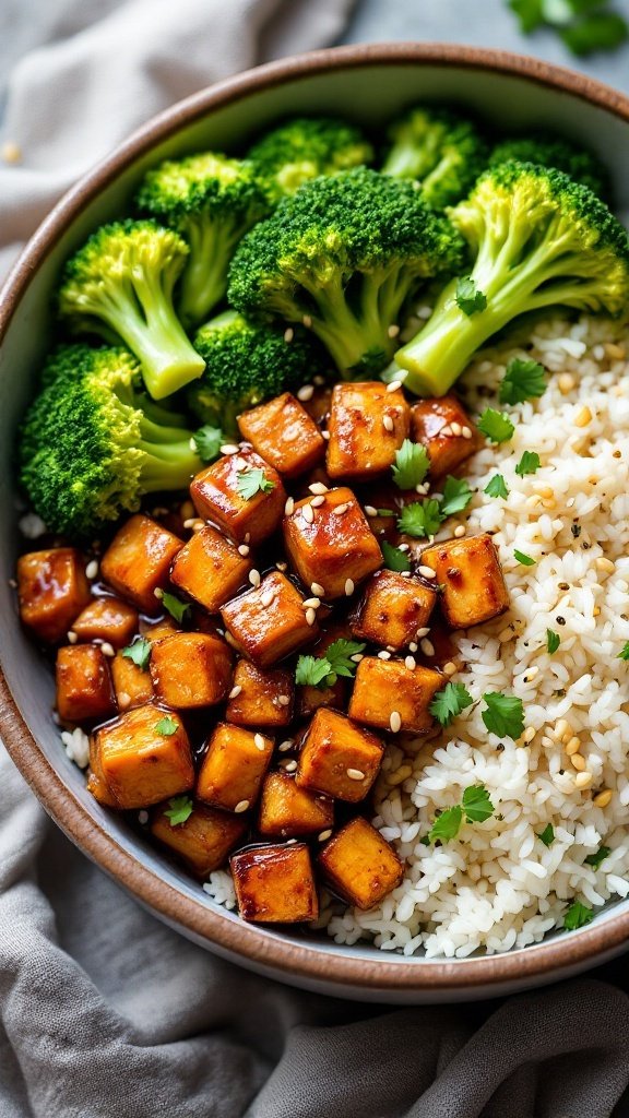 A colorful vegan teriyaki tempeh bowl with broccoli and rice.