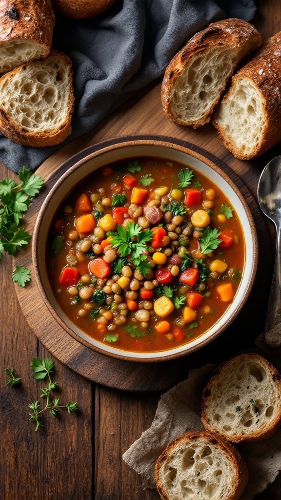 A warm bowl of vegetable and lentil soup surrounded by slices of crusty bread.