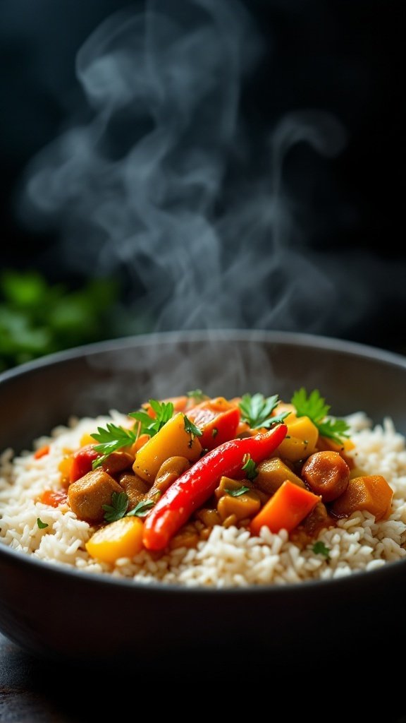 A bowl of vegetable curry served over rice, garnished with fresh herbs.