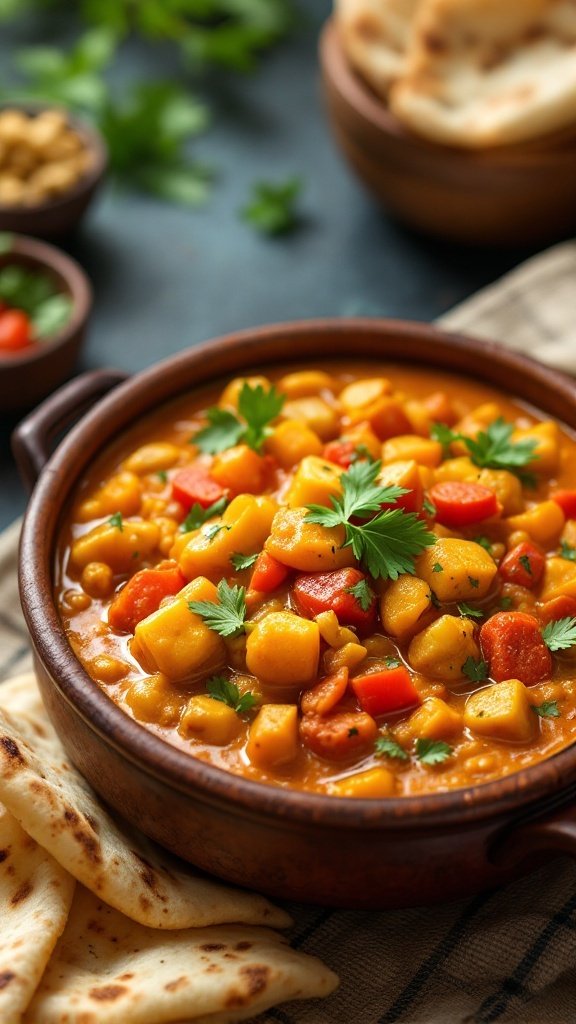 A bowl of Vegetable Korma with naan bread on the side