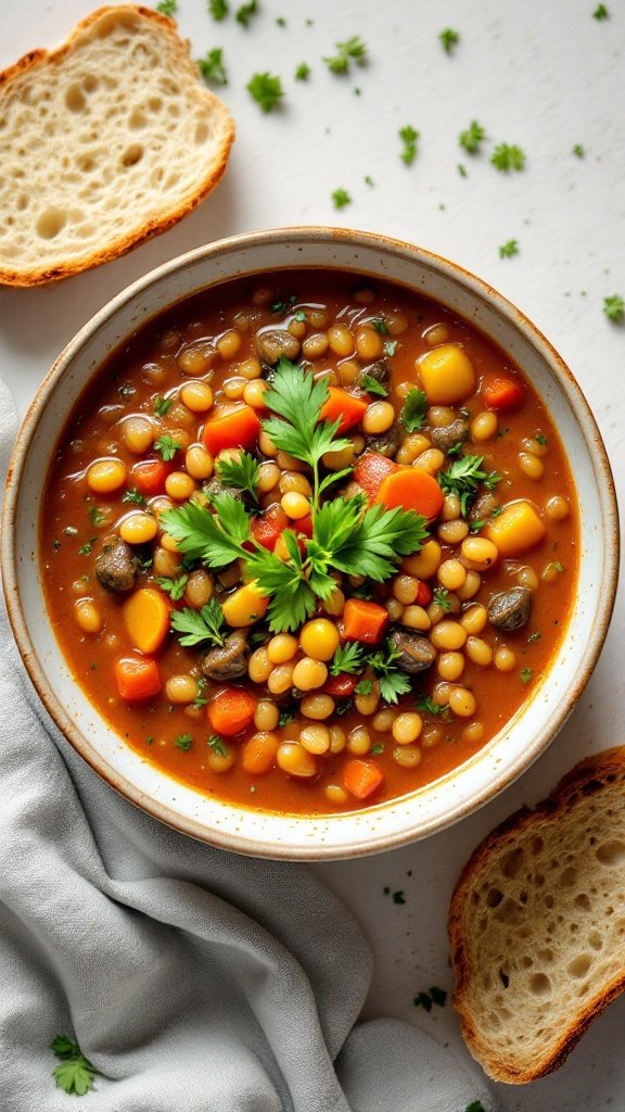 Bowl of vegetable lentil soup with bread