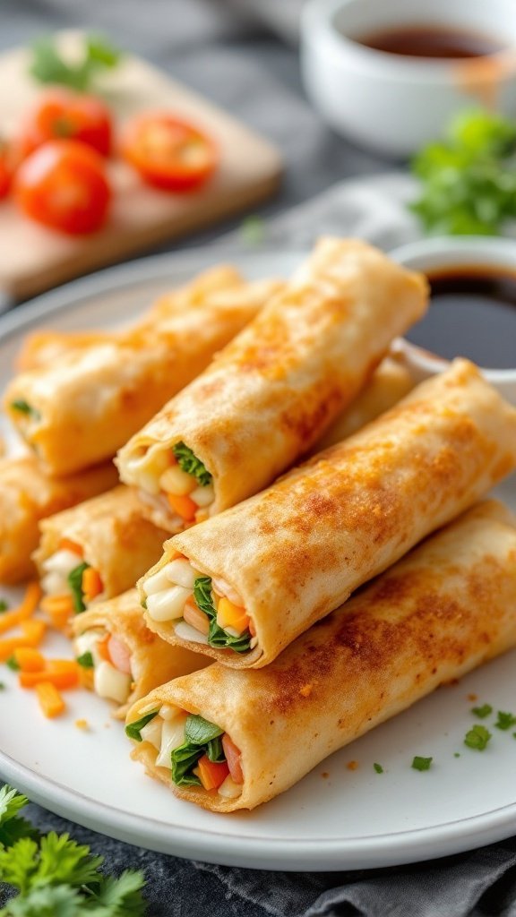 Vegetable spring rolls served with a dipping sauce.