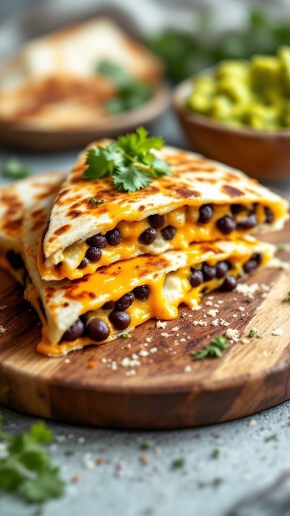 Delicious vegetarian black bean quesadillas with cheese, served on a wooden platter.