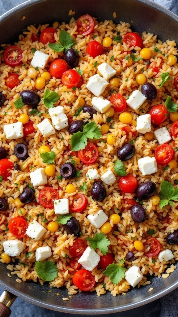 A colorful dish of Mediterranean rice featuring cherry tomatoes, olives, and feta cheese.