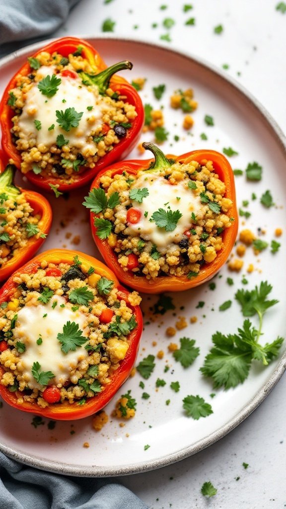 Colorful vegetarian stuffed peppers filled with quinoa, black beans, and topped with cheese.