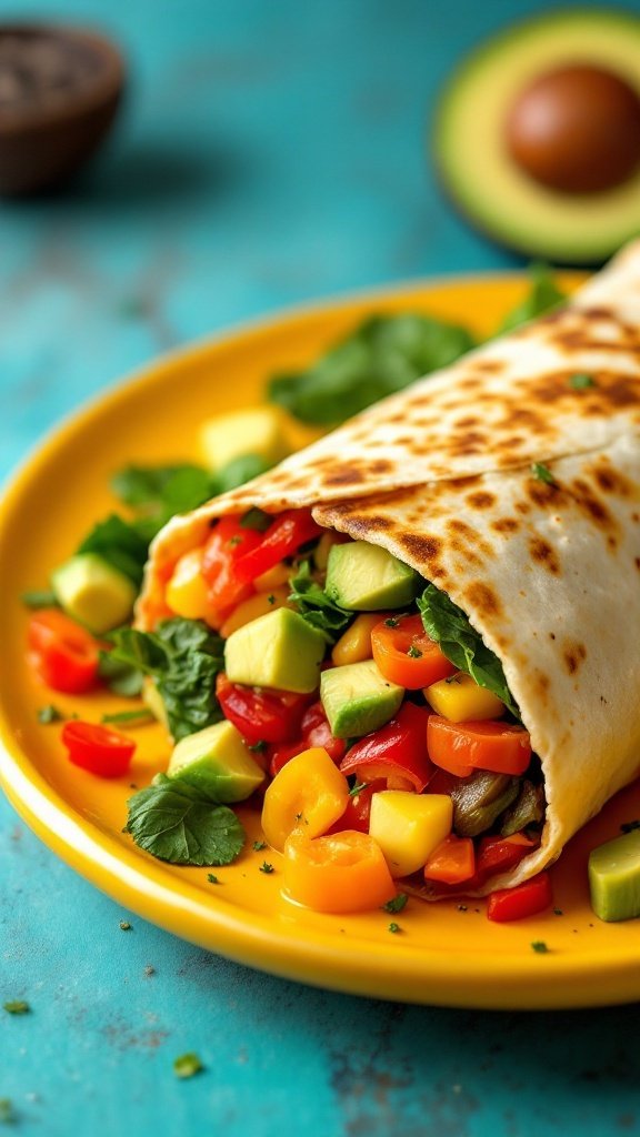 A delicious veggie-packed breakfast burrito with colorful vegetables