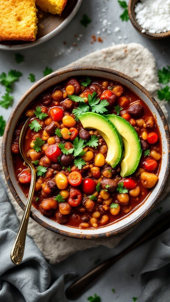 A bowl of veggie-packed chili topped with avocado and cilantro.