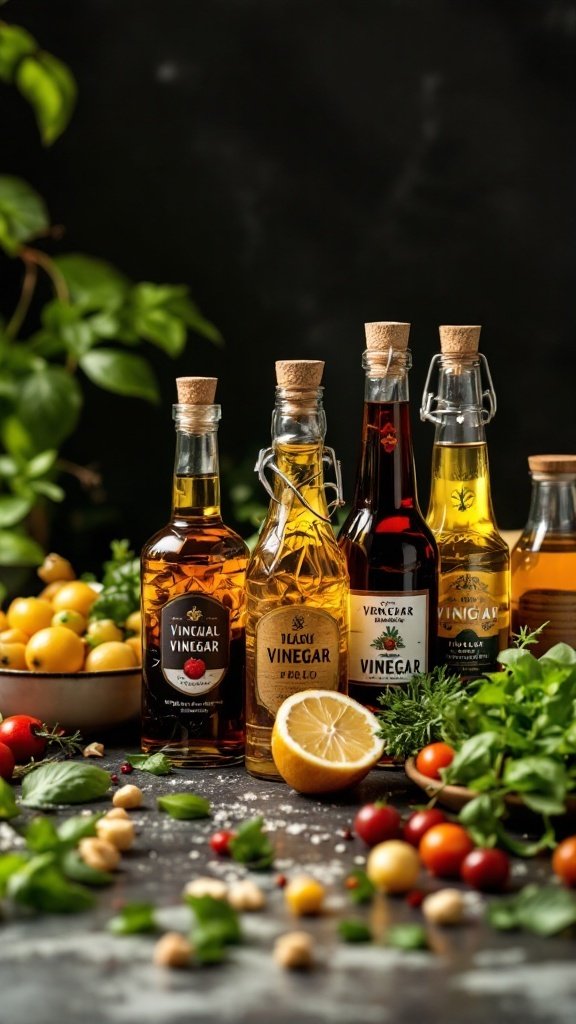 Various types of vinegar in bottles with fresh ingredients.