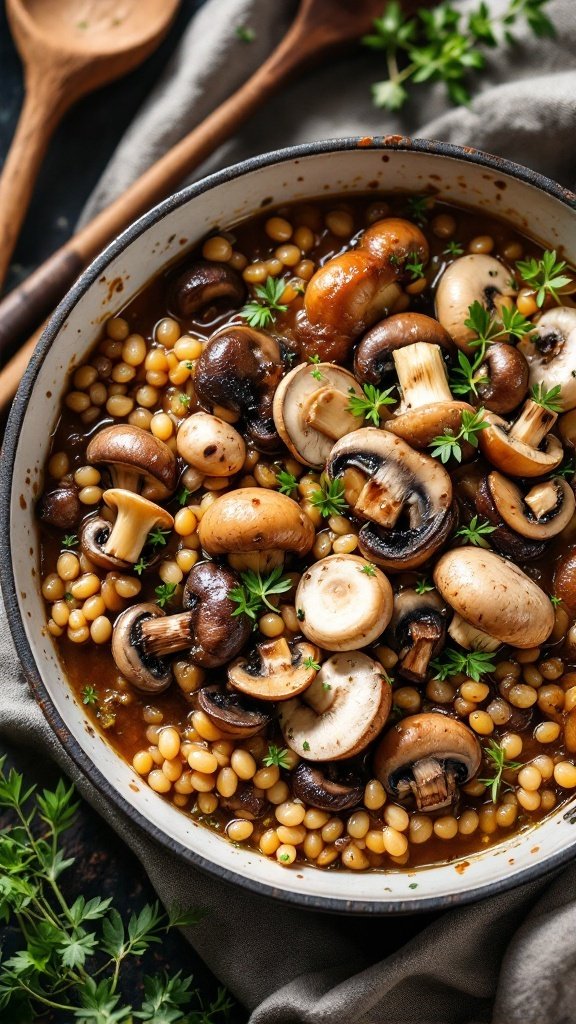 A bowl of wild mushroom and barley stew garnished with herbs.