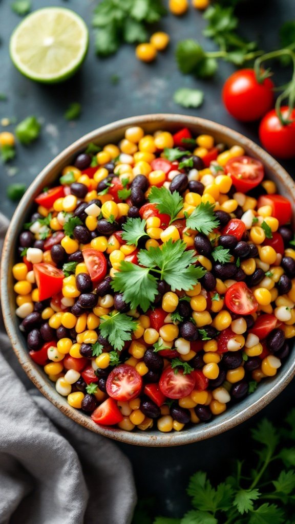 A colorful black bean and corn salad with fresh vegetables and cilantro