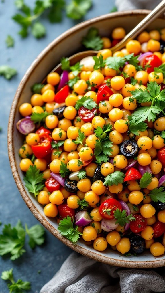 A colorful chickpea salad with cherry tomatoes and parsley.