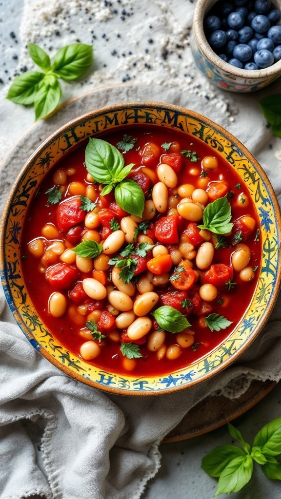 A bowl of zesty tomato and bean stew with fresh herbs.