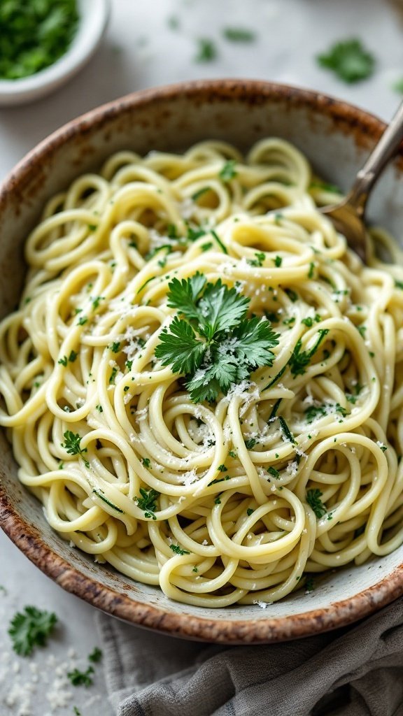 A bowl of zucchini noodles alfredo garnished with herbs