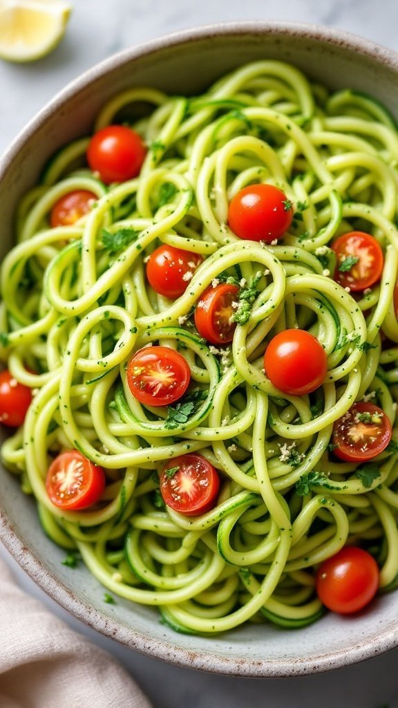 Bowl of zucchini noodles topped with avocado pesto and cherry tomatoes