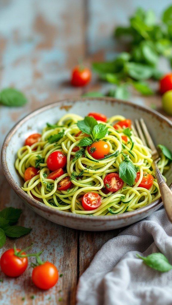 A bowl of zucchini noodles with pesto and cherry tomatoes garnished with fresh basil.