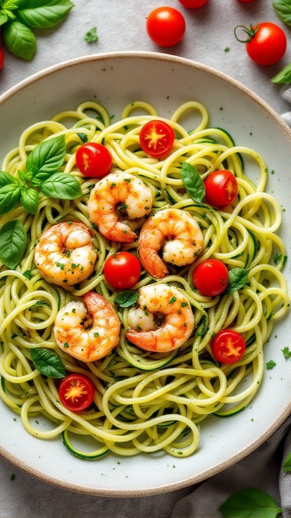 Zucchini noodles with shrimp and cherry tomatoes garnished with fresh basil