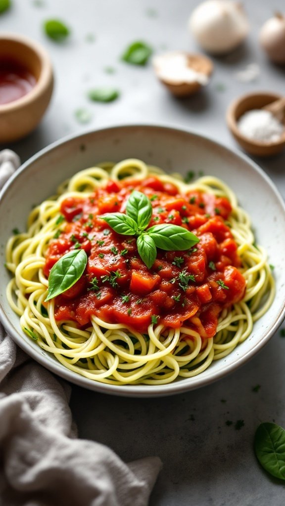 A bowl of zucchini noodles topped with tomato basil sauce and garnished with fresh basil leaves.