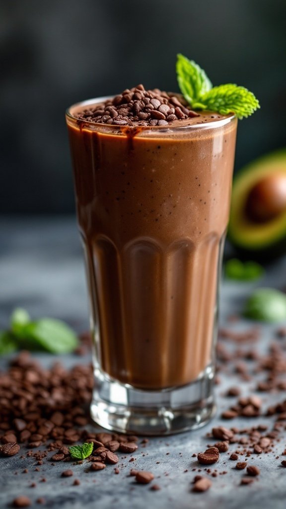 A creamy chocolate avocado smoothie topped with chocolate chips and mint leaves.