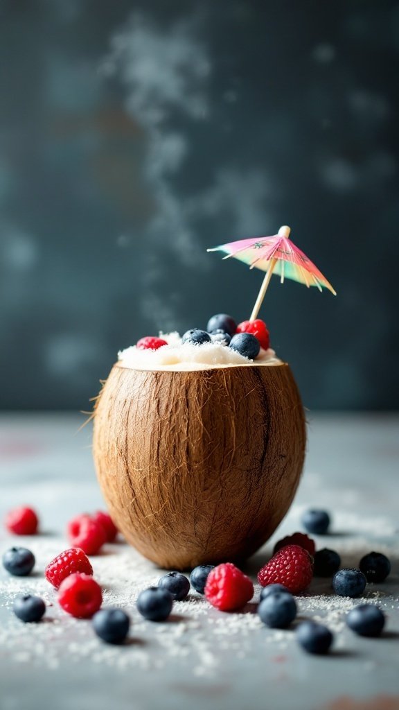 A coconut smoothie topped with mixed berries and a small umbrella.