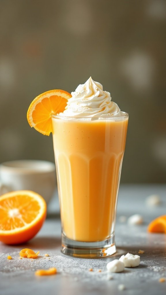 A refreshing Orange Creamsicle Smoothie in a tall glass garnished with an orange slice.