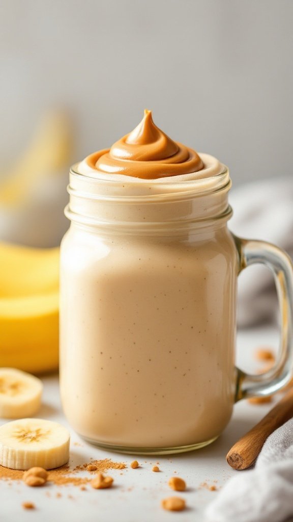 A creamy peanut butter banana smoothie topped with a swirl of peanut butter, served in a glass jar.