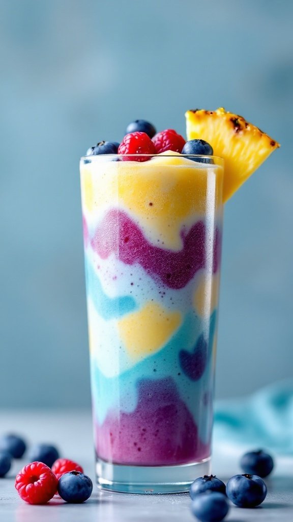 A colorful layered smoothie with pineapple and blueberry flavors.