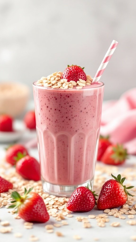 A refreshing strawberry oatmeal smoothie with oats and strawberries on the side.