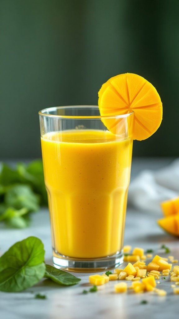 A refreshing Tropical Mango Spinach Smoothie in a glass, garnished with a slice of mango.