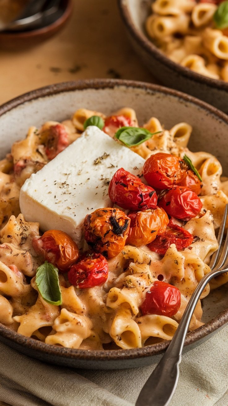 Creamy baked feta pasta with roasted tomatoes and fresh basil in a rustic bowl.