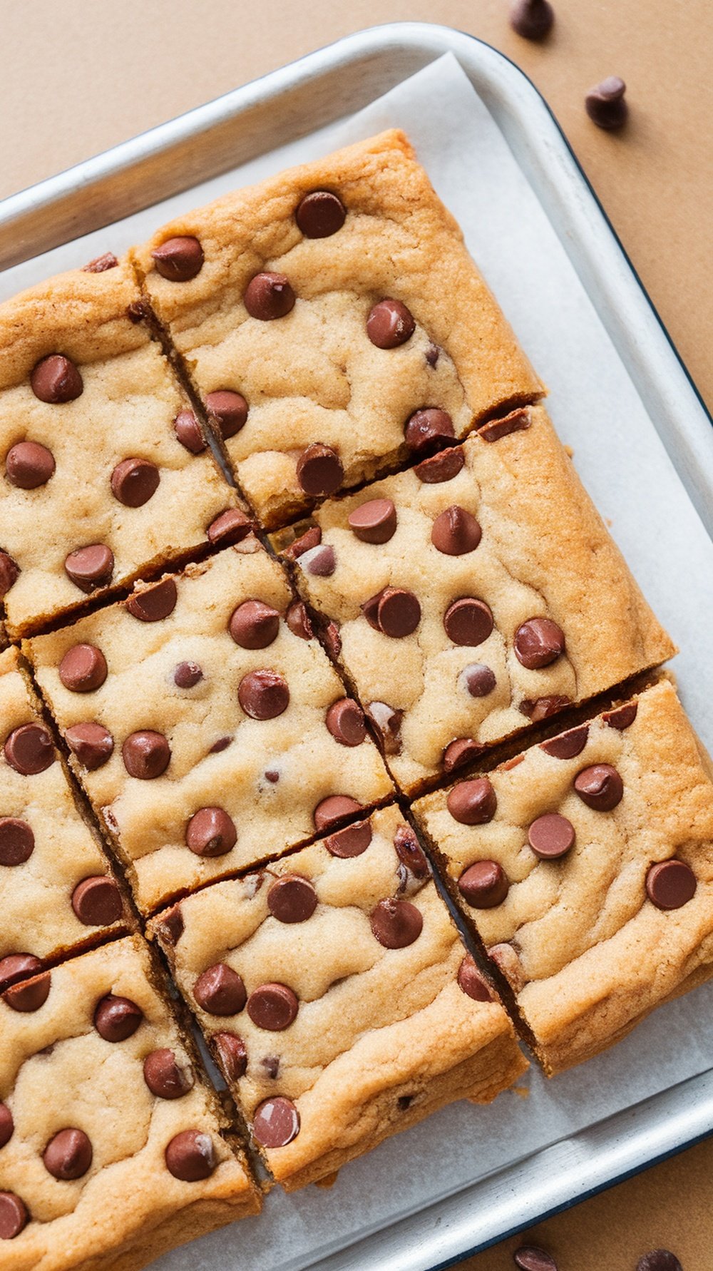 Delicious chocolate chip cookie bars cut into squares, topped with chocolate chips.