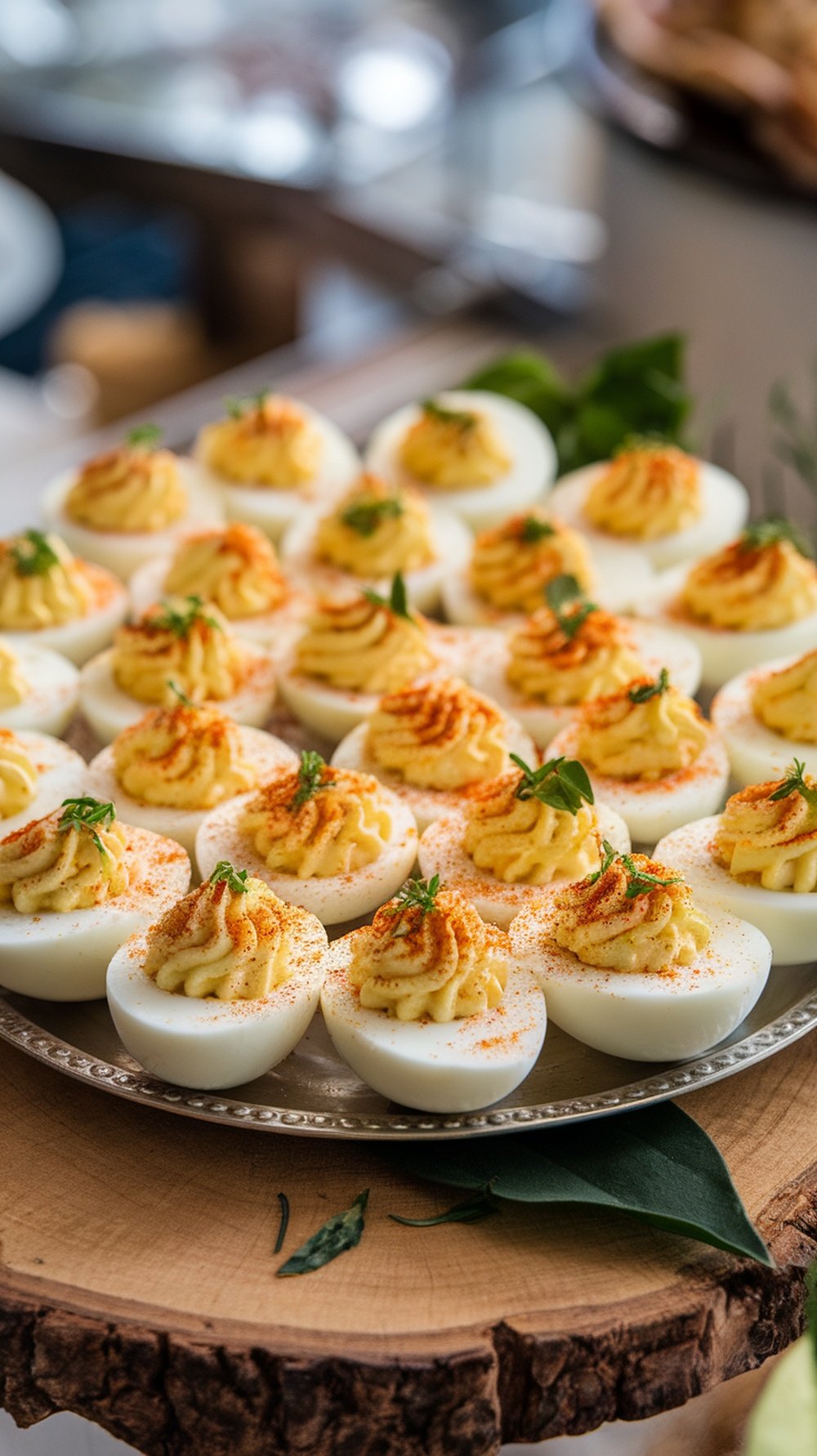 A platter of beautifully decorated deviled eggs topped with paprika and fresh herbs.
