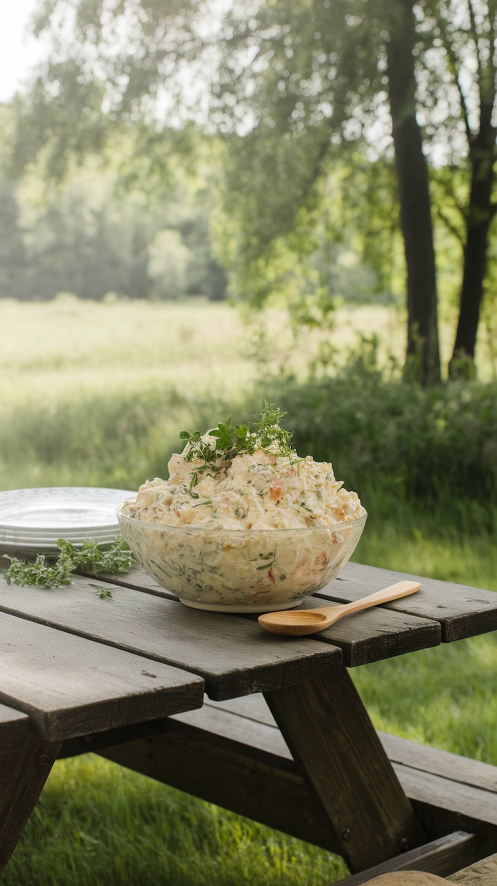 A bowl of creamy potato salad with herbs on a wooden table in a natural setting.
