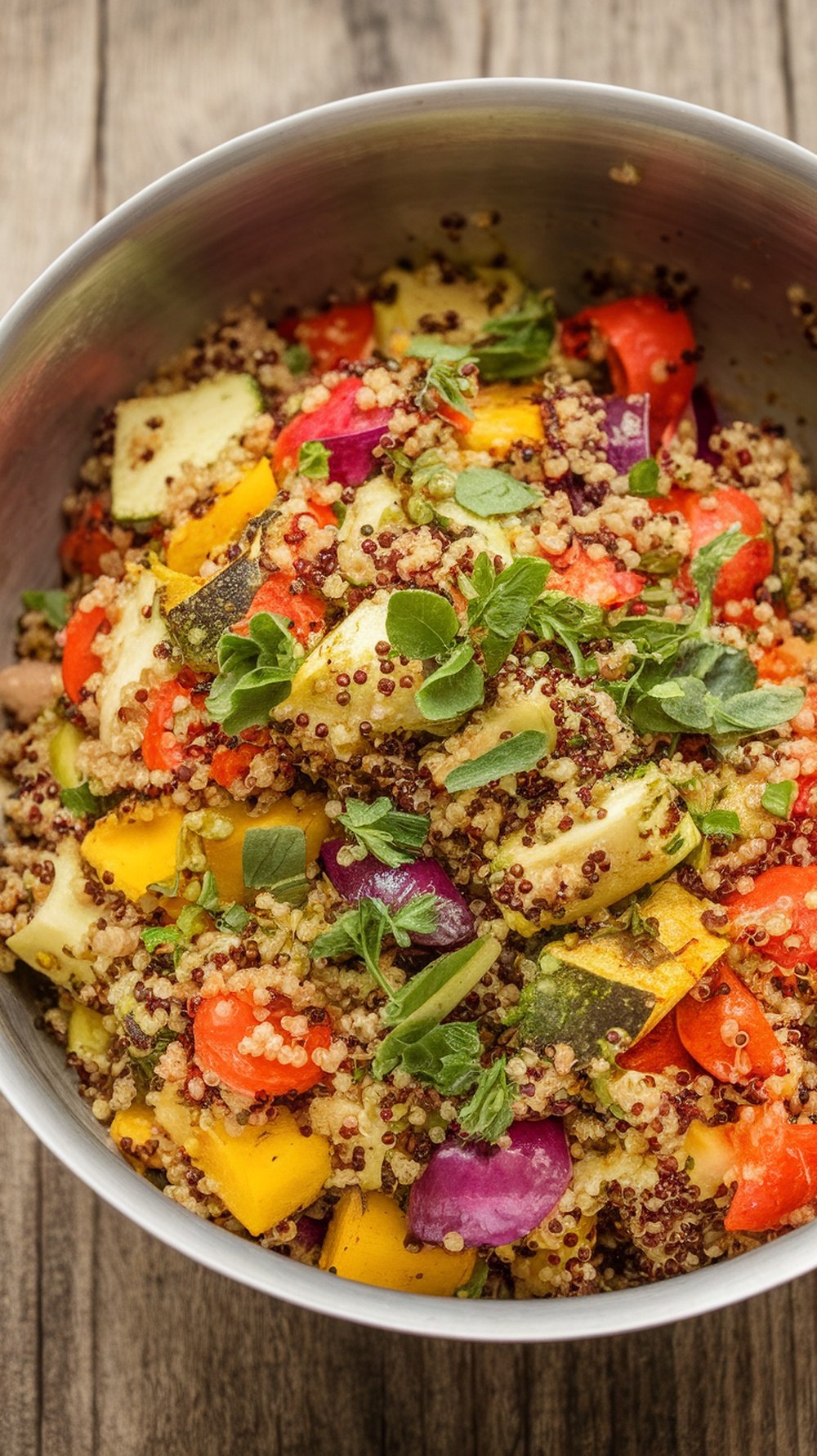 A bowl of hearty quinoa salad with roasted vegetables, colorful and fresh.