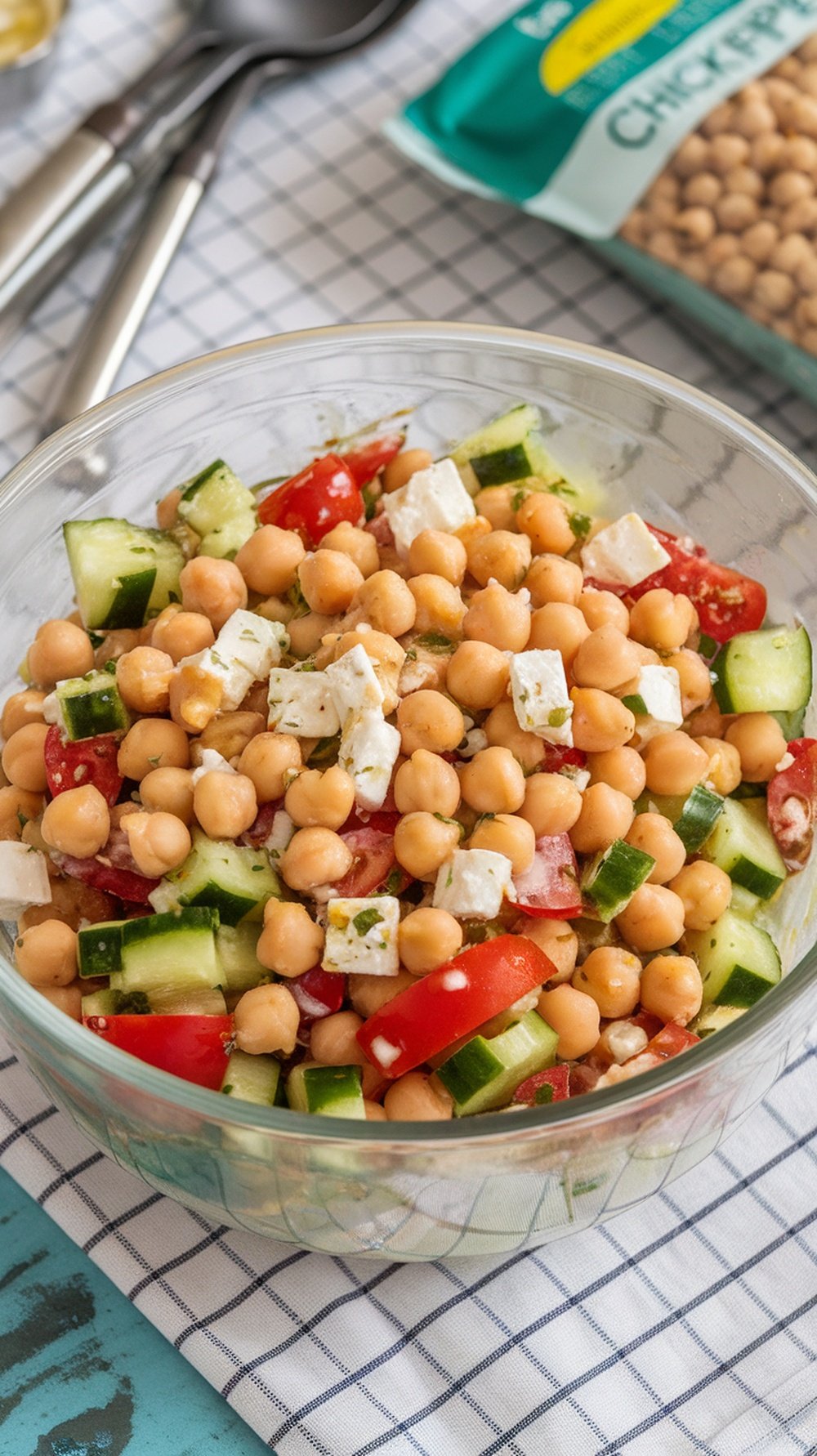 A bowl of Mediterranean Chickpea Salad with chickpeas, cucumbers, tomatoes, and feta cheese.
