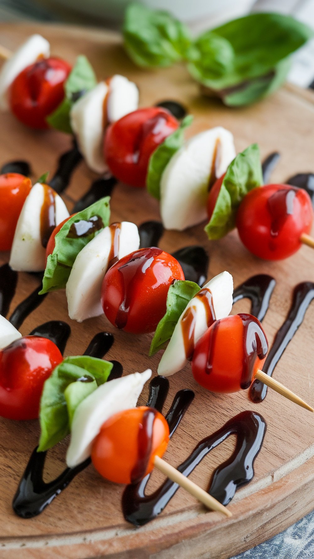 Mini Caprese skewers with cherry tomatoes, mozzarella, and basil drizzled with balsamic glaze on a wooden platter.