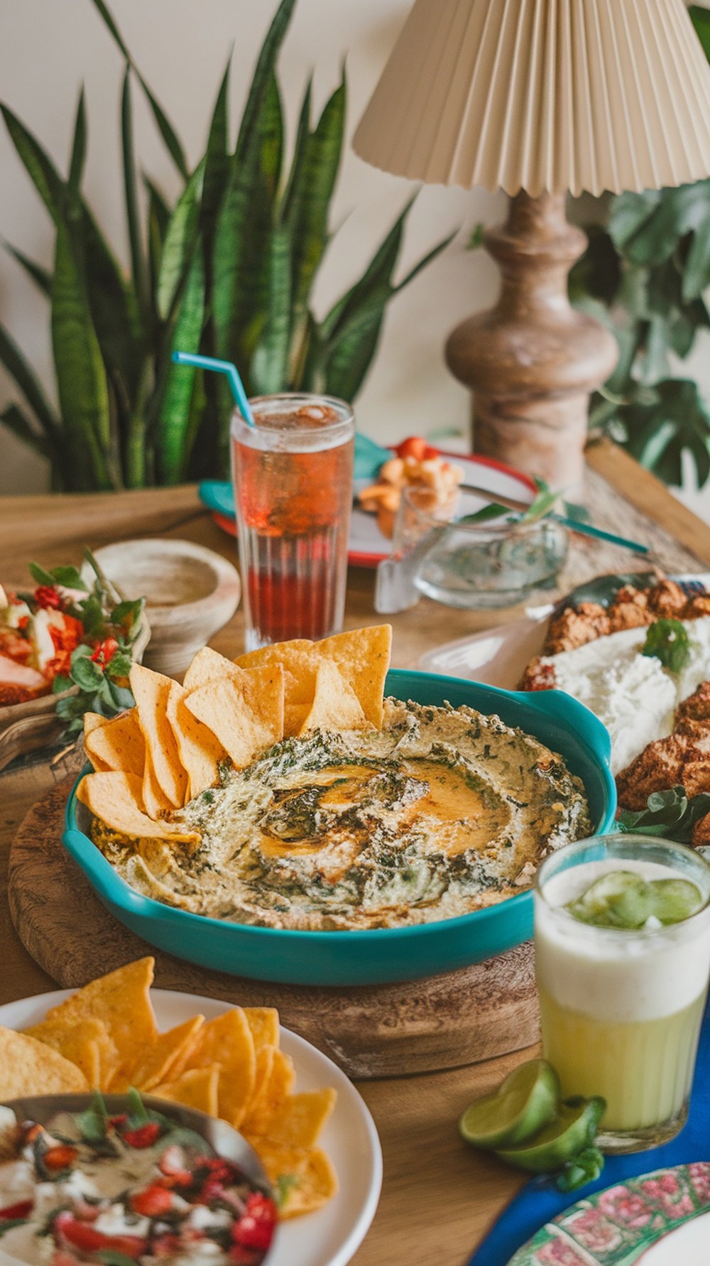 A bowl of spinach and artichoke dip with tortilla chips, drinks, and other snacks on a wooden table.