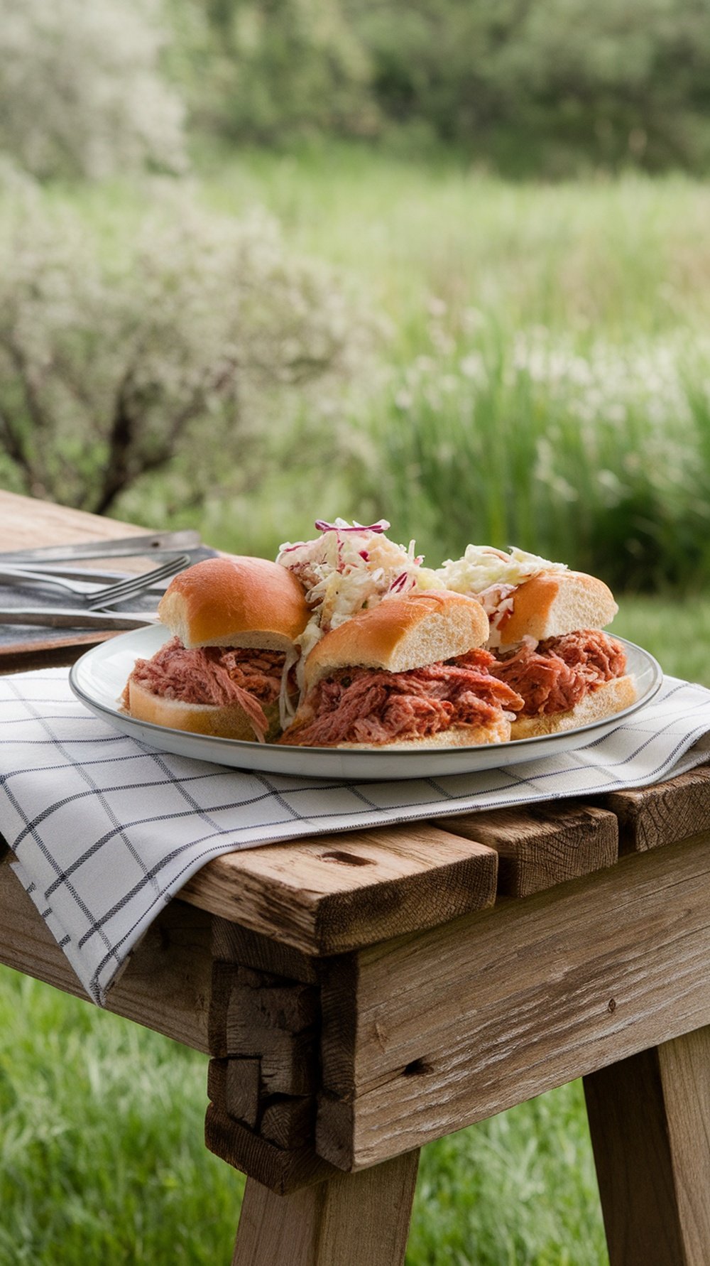 A plate of BBQ pulled pork sliders with coleslaw on a wooden table.