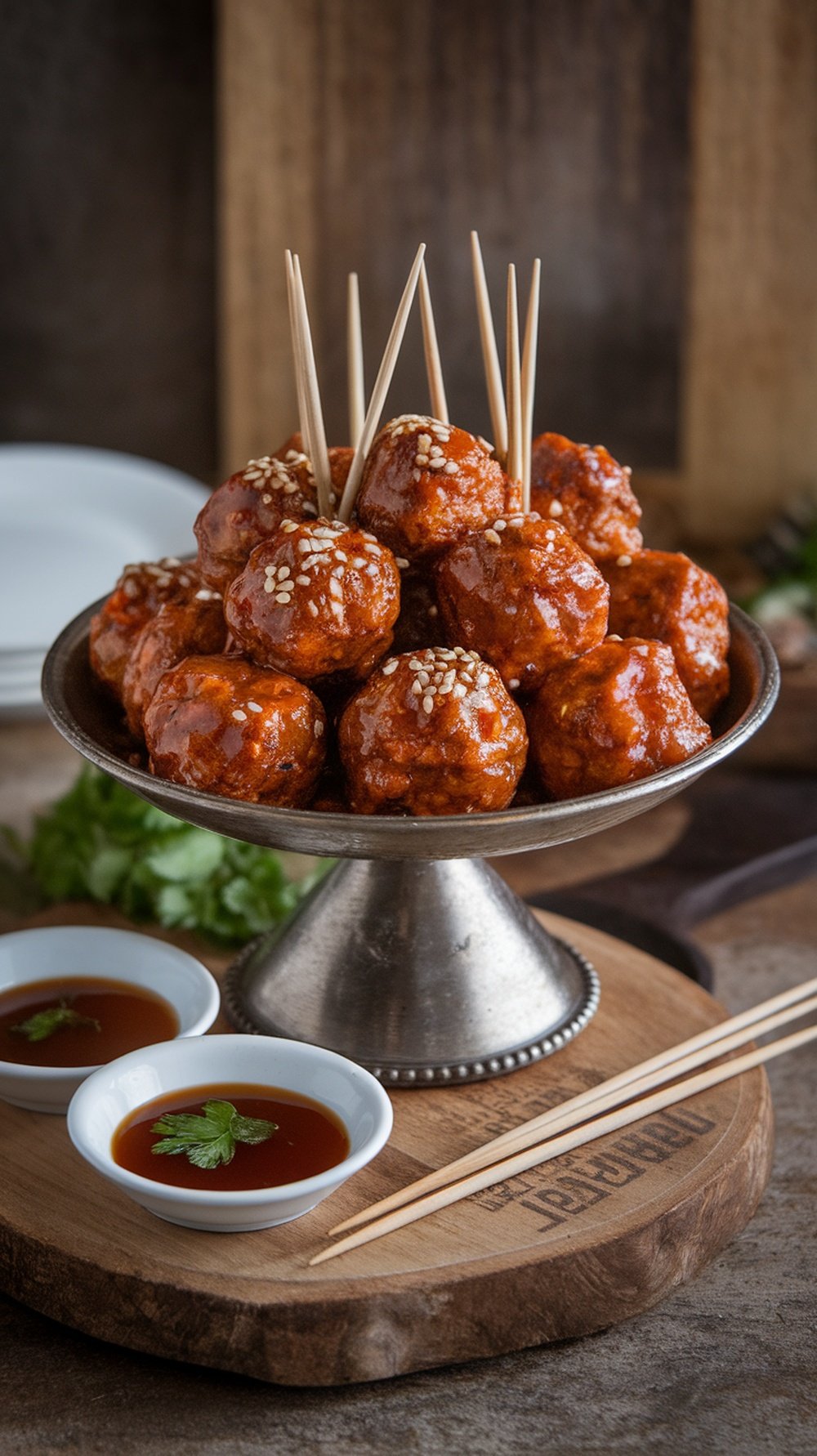 A platter of sweet and spicy meatballs garnished with sesame seeds and served with dipping sauces.
