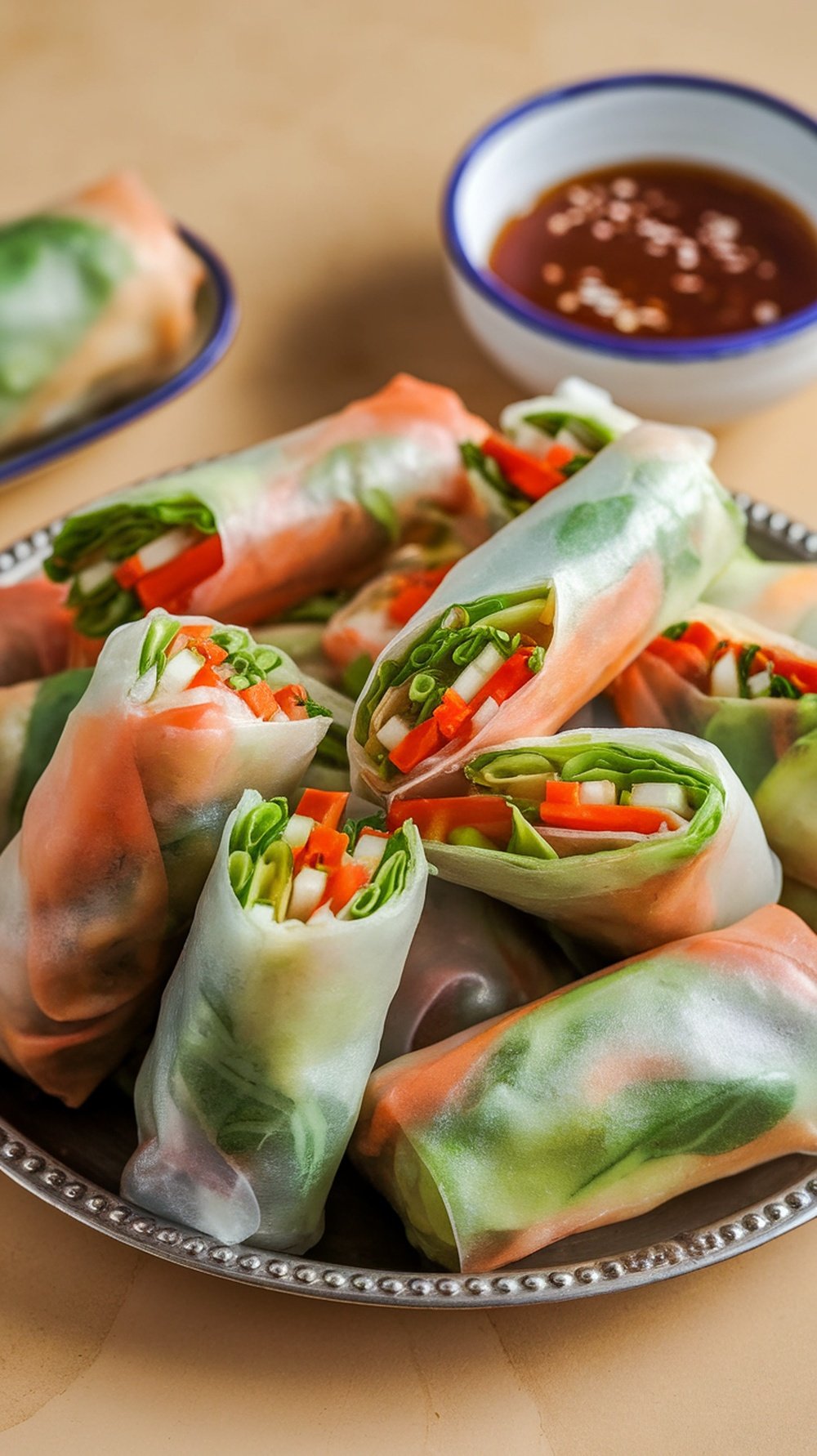 A plate of fresh vegetable spring rolls with a dipping sauce on the side.