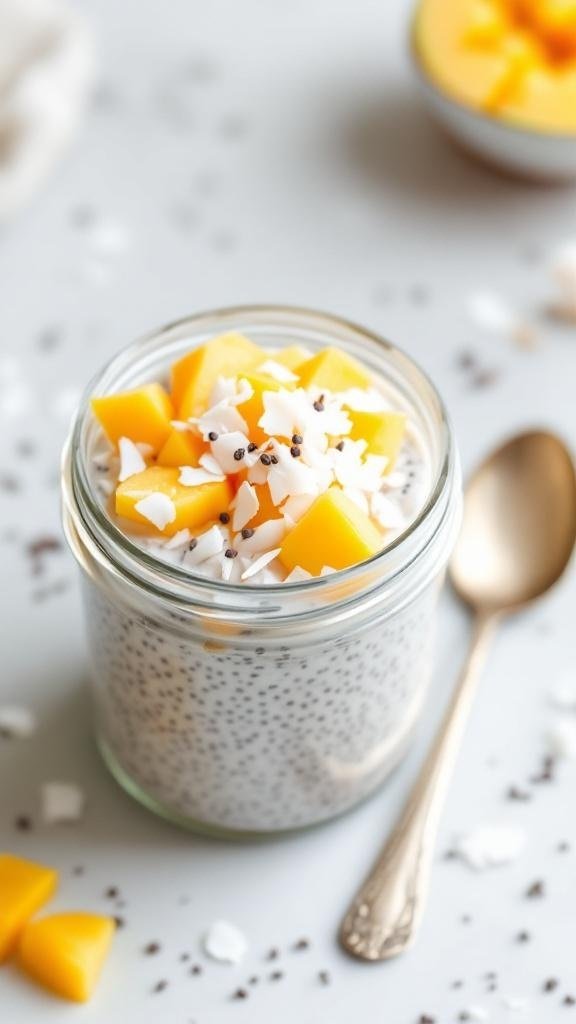A jar of chia seed pudding topped with mango and coconut flakes